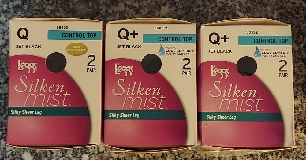 Leggs Pantyhose Silken Mist Queen Jet Black Control Top Cool Wicking 6 Pair New